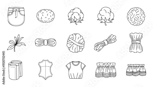 Comprehensive set of textile manufacturing and clothing production icons depicting natural fibers, yarns, fabrics, and apparel suitable for industry guides and material applications.