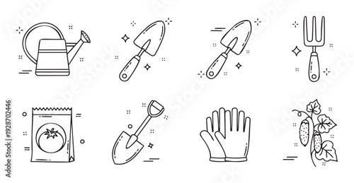 Essential gardening tools and seed packet collection for planting and cultivating vegetables in a home garden, perfect for educational materials or spring season projects.