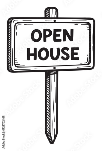Simple black and white open house real estate sign for property sales and viewing events to attract potential buyers and showcase available homes