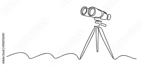 Continuous single line drawing of powerful binoculars mounted on a stable tripod for distant observation, wildlife spotting, or strategic business vision and exploration concepts