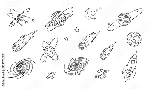 Space exploration themed line icons featuring planets, rockets, stars, and galaxies perfect for educational materials, science projects, and astronomical studies
