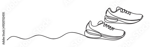 Continuous line drawing of two modern athletic running shoes perfect for sports, fitness, and active lifestyle branding or promotional materials.