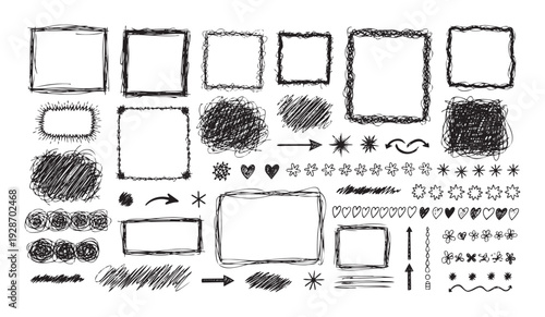 Hand drawn doodle frames, arrows, and scribble shapes offer a versatile collection of grunge styled design elements perfect for graphic compositions, social media, and creative projects.
