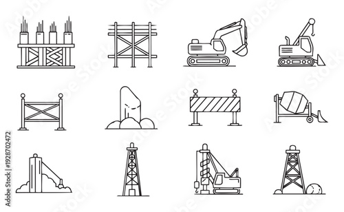 Construction engineering and building industry outline icons featuring heavy machinery, site barriers, and structural elements for architectural schematics and infrastructure project