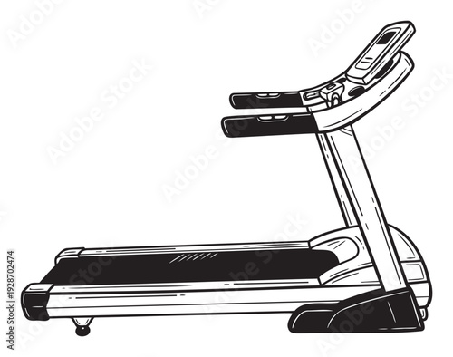 A black and white line drawing of a modern treadmill perfect for depicting indoor fitness, workout routines, and gym exercise equipment in health and sports related content.