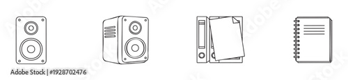 A simple collection of line icons featuring modern audio speakers, essential office binders with paper, and a classic spiral notebook, perfect for business, education, and multimedia