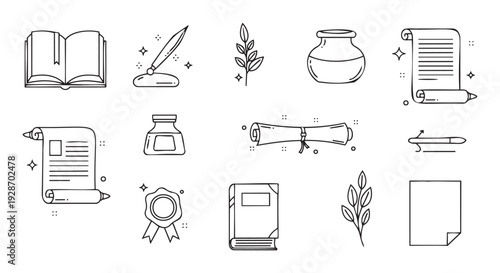 Collection of classic writing and literature themed outline icons including books, quills, ink, scrolls, and seals perfect for educational resources, literary projects, and historical