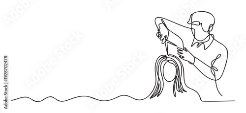 Continuous line drawing of a male hairdresser styling a female clients long hair in a salon setting, perfect for beauty industry promotions or personal care service advertisements.