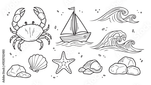 Collection of line drawn ocean creatures and nautical elements including a crab, sailboat, waves, starfish, seashells, and rocks ideal for marine themed activities and decorative projects