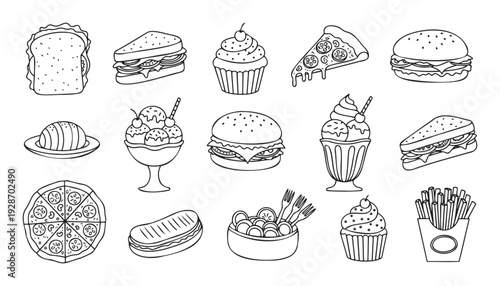 Simple line drawing collection of popular fast food and sweet treats, perfect for menu designs, educational materials, or childrens activity books.