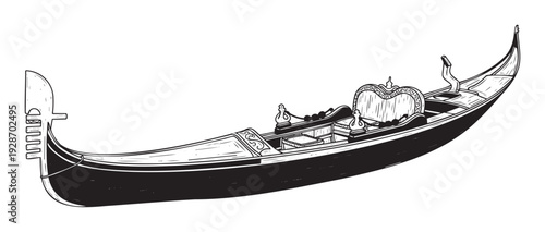 A striking black and white traditional boat featuring ornate details, ideal for capturing the essence of romantic travel, tourism adventures, or luxurious cruise promotions.