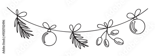Festive linear Christmas garland featuring hand drawn fir branches, classic ornaments, and berries, perfect for holiday greetings, winter invitations, seasonal decor, and celebratory event
