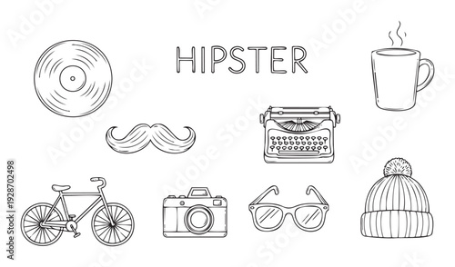A stylish collection of essential hipster lifestyle elements including a vinyl record, mustache, bicycle, camera, typewriter, glasses, mug, and beanie, perfect for modern branding and
