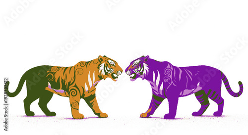 Two colorful tigers face each other orange and purple tribal patterns white background