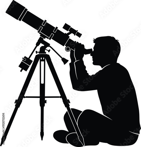 Amateur astronomer silhouette vector illustration, man observing night sky through telescope on tripod, stargazing hobby science activity icon, black and white, isolated