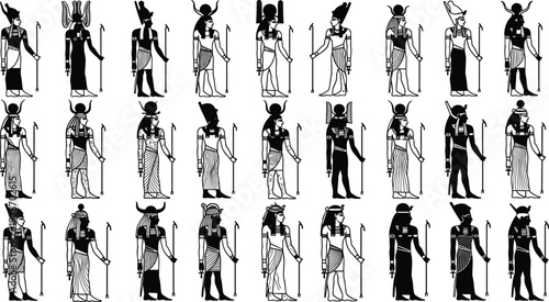 Ancient Egyptian gods silhouettes vector collection, detailed mythology deities characters set, hieroglyphic style figures, pharaoh era symbols, historical religion illustration