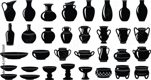 Ancient pottery and ceramic vessels silhouette vector set, jars bowls amphora vases isolated on white background for history and design use
