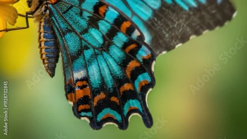Close-up of a vibrant butterfly wing with blue, orange, and black stripes against a blurred green background. Perfect for nature, wildlife, and educational materials.