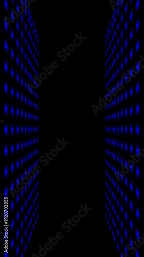 Abstract blue LED light tunnel animation with glowing dotted lines on a dark black background. Futuristic corridor effect ideal for technology visuals, sci-fi intros, digital backgrounds