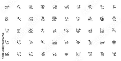 Dentist icon set. Dental vector icons pack. Includes tooth, smile, cavity, cleaning, x-ray, braces, dentist chair, tools and more. Editable stroke.