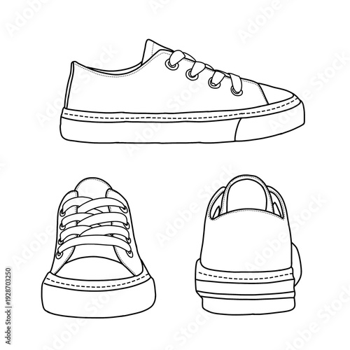 Vector iIllustration kid's shoes, sneaker hand drawn line art sketch, doodle vector sketch illustration, isometric, front, side, and back view. Isolated on a white background