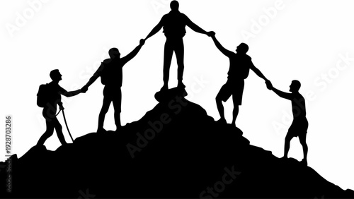 Team celebrating success on mountain peak with hands together