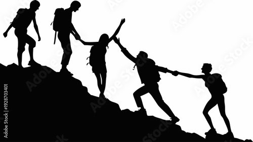 Team helping each other climb mountain peak together