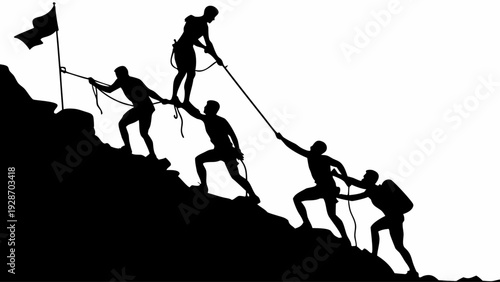 Team of climbers helping each other reach the summit