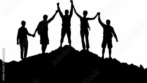 Friends celebrating success on mountain peak together