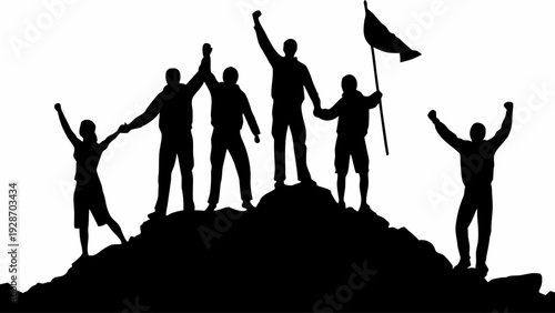 Victorious team celebrating success on mountain peak triumph