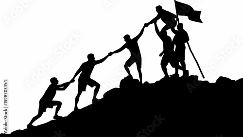 Team of people helping each other climb mountain to success