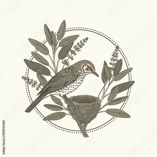 Bird and Nest with Botanical Wreath Illustration.