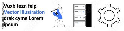 Person wielding pickaxe near server rack and gear outline represents hacking, cybersecurity, system issues. Ideal for technology, security, IT management, attack alerts, risks, problem-solving