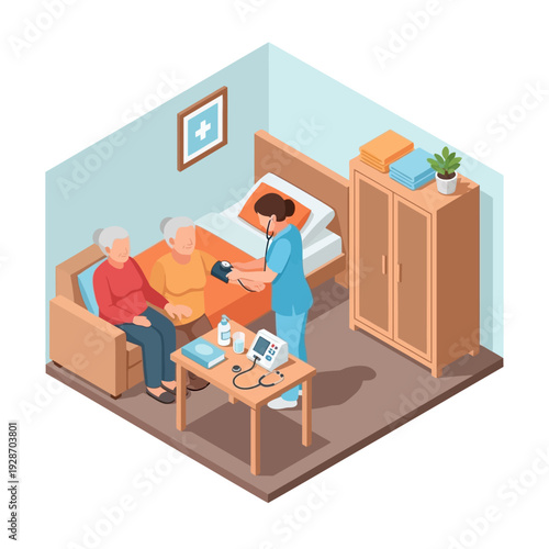 Nurse visiting elderly patient in hospital room.