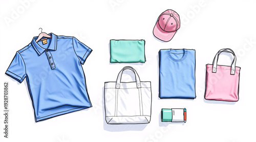 Colorful clothing and accessories arranged on a white background