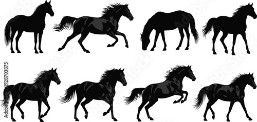 Set of eight black silhouette horses in various action poses like running, standing, and grazing isolated on white background for equestrian graphic design projects.
