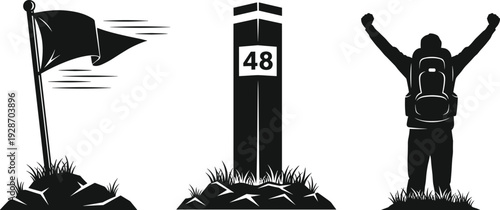 Set of eight black silhouette horses in various action poses like running, standing, and grazing isolated on white background for equestrian graphic design projects.