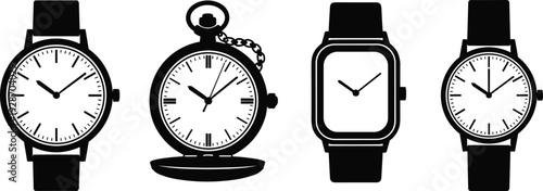 Set of Four Black Silhouette Watch Icons Featuring Classic Wristwatches, a Pocket Watch, and a Modern Smartwatch Isolated on White Background.