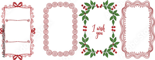 Set of four decorative hand drawn borders including red swirls, holiday berry wreaths, and wavy line frames for greeting cards and vintage invitations.