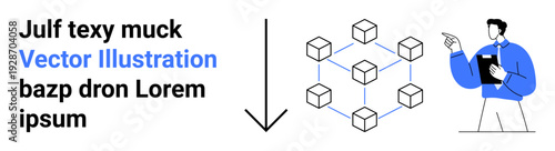 Blockchain technology, digital services, data management, modern network, innovation, education. Person pointing at connected cube structure. Blockchain technology and digital services concept