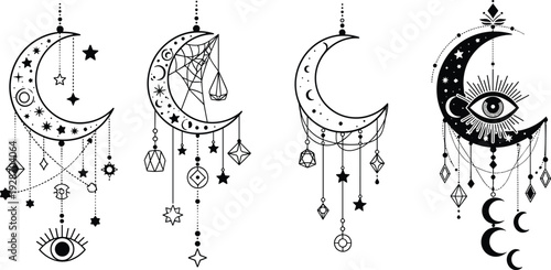 Set of four mystical crescent moon tattoo designs with hanging crystals stars and eyes black line art vector illustration for bohemian astrology and magic.