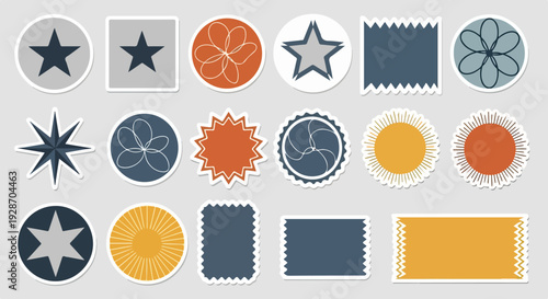 다양한 모양과 색상의 평면 디자인 스티커 및 라벨 컬렉션으로, 흰색 테두리가 있는 그래픽 요소를 벡터 일러스트로 표현했습니다.