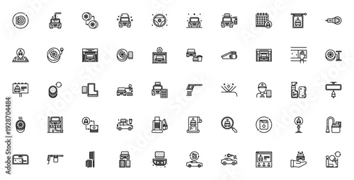 Car Wash icon set. Vector illustration. Includes symbols for tire, steering wheel, vacuum cleaner, polisher, pressure washer, air freshener, brake and more.