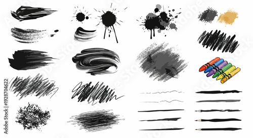 다양한 질감의 검은색 잉크 브러시 스트로크, 튀김, 스크래치, 그리고 섬세한 선들이 포함된 예술적인 그래픽 디자인 요소 세트와 함께 다채로운 크레용이 조화롭게 구성되어 있습니다.