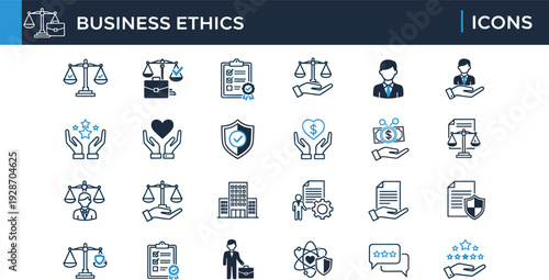 Business Ethics Icons Vector Illustration Set with Scales of Justice Corporate Integrity Symbols Law Compliance and Professional Conduct Badge Icons