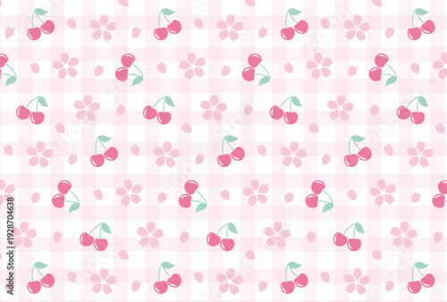 seamless pattern with pink cherry blossoms and cherries on gingham plaid