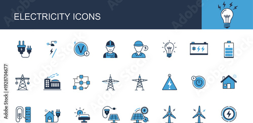 Electricity Icons Vector Illustration Set with Power Energy Symbols Electric Plug Battery Solar Panel Wind Turbine and Professional Electrician Badge Icons