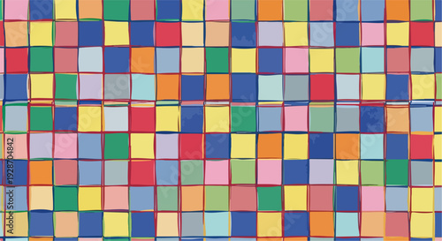 다양한 색상의 작은 정사각형 조각들이 촘촘하게 짜여진 듯한 추상적인 패턴 배경으로, 밝고 활기찬 분위기를 표현합니다.