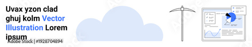 Data mining, cloud storage, analytics, technology, business tools, innovation. A cloud, pickaxe and data charts in a digital interface. Data mining and cloud storage concepts