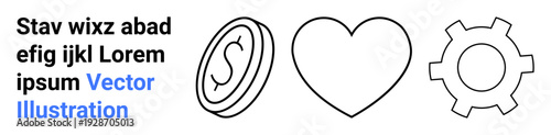 Linear coin, heart, and gear icons for money, affection, and efficiency. Ideal for finance, love, teamwork, productivity operations motivation simple landing page